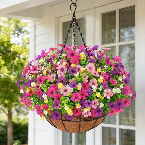 Artificial Hanging Flowers for Outdoors, Fake Hanging Plants with 12" Baskets, 12 Pcs UV Resistant Artificial Hanging Flowers for Decoration Outdoors Garden Patio Porch Yard Spring Summer Decor in Kuwait