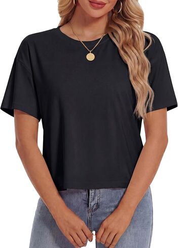 YUCOLEN Women's Crop Tops Summer Short Sleeve Cotton UPF 50+ Round Neck Casual Loose Cropped T-Shirts Solid Basic Tees in Kuwait