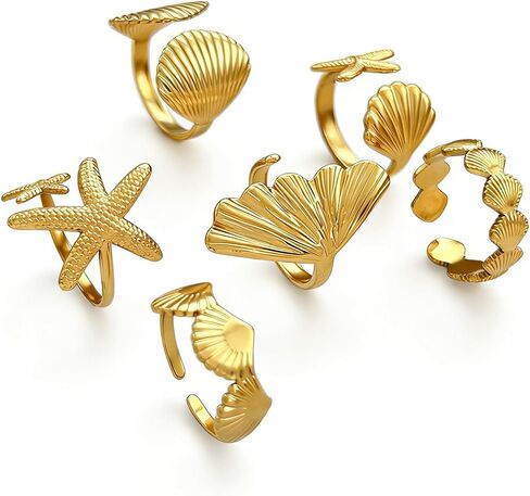 6PCS Chunky Gold Starfish Shell Rings for Women Trendy Dainty Summer Beach Stackable Stainless Steel Ring Surfer Fashion Statement Beachy Boho Jewelry Gifts in Kuwait