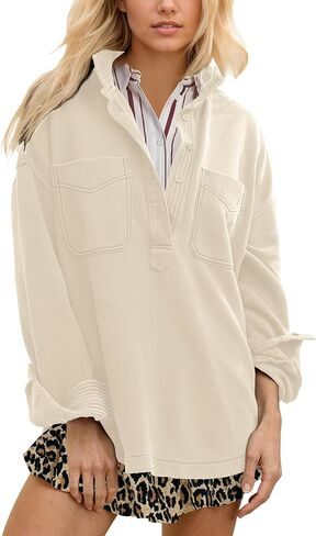 Locachy Women's Casual Oversized Polo Sweatshirt Lapel Long Sleeve Button Pullover Tops Fashion Outfits Clothes in Saudi Arabia