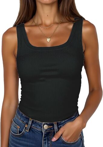 النساء بلا أكمام سكوب رقبة مضلعة أعلى الخزان المجهزة الصيف القمصان الأساسية كامي in Kuwait