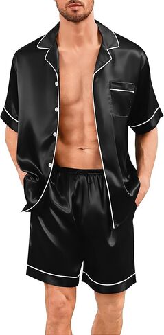 Swomog Men Silk Pajama مجموعة قصيرة الأكمام الساتان PJS مجموعات 2 قطعة زر أسفل ملابس ناعمة الصيف الملابس مع جيوب in Saudi Arabia
