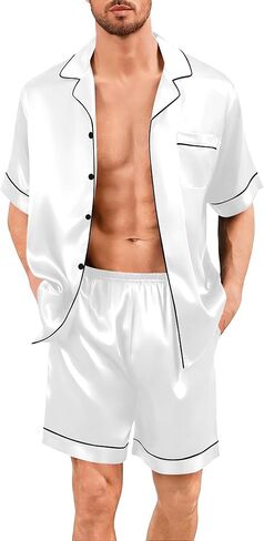 SWOMOG Men Silk Pajama Set Short Sleeve Satin PJs Sets 2 Piece Button Down Sleepwear Soft Summer Loungewear with Pockets in Saudi Arabia