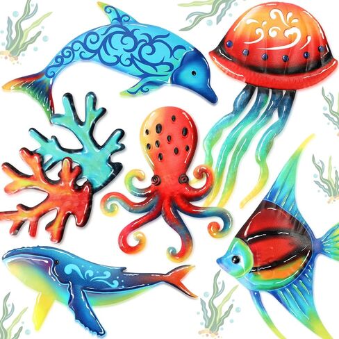 Lounsweer 6 PCS Metal Ocean Wall Art Decor Sea Fish Turtle Wall Sculpture Outdoor Hanging Art Sculptures Ocean موضوع الديكور للحديقة ، البركة ، السياج ، الفناء ، الحمام الداخلي in Kuwait
