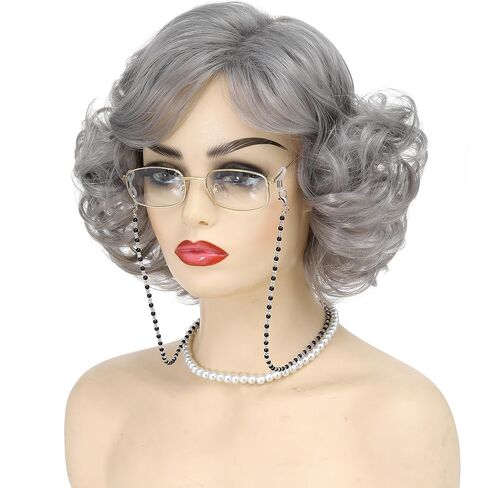 أزياء ليدي العجوز الباروكات رمادية رمادية للنساء الباروكات الجدة المجعد القصيرة لحفلات تأثيرية التآكل اليومية الجدة الباروكة (رمادية ، قصيرة) in Kuwait