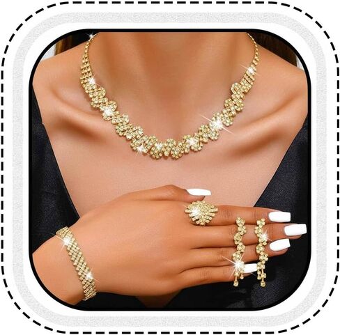 Unicra Rhinestone Bridal Wedding Jewelry Set Silver Necklace Earrings Bracelet Ring Sets Prom Formal Costume Jewelry Sets for Women and Brides in Saudi Arabia