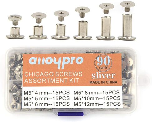 Alloypro 120 مجموعة من براغي ربط شيكاغو المعدنية الفضية، مجموعة متنوعة من مسامير برشام شيكاغو، زر DIY من الجلد لتزيين الكتب، برغي مستدير برأس مسطح (4/5/6/7/8/10/12/15-15 قطعة) in Kuwait