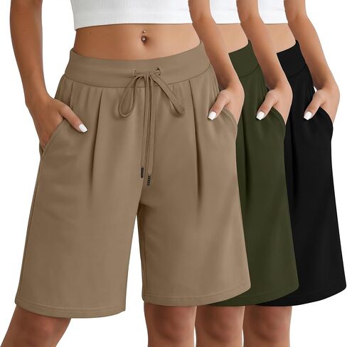 3 حزمة شورتات برمودا للسيدات رباطية صالة غير رسمية لليوغا الرياضية الرياضية الجري مع الجيوب in Kuwait