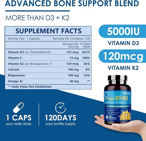 Nature Target Vitamin D3 K2 مع قوة الكالسيوم والمغنيسيوم-الحد الأقصى للعظام والقلب والمناعة-5000 IU فيتامين D3 ، 120 MCG K2 ، غير المعدلة وراثيًا ، خالية من الغلوتين ، 120 عددًا in Kuwait