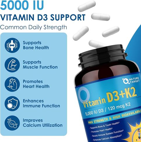 Nature Target Vitamin D3 K2 مع قوة الكالسيوم والمغنيسيوم-الحد الأقصى للعظام والقلب والمناعة-5000 IU فيتامين D3 ، 120 MCG K2 ، غير المعدلة وراثيًا ، خالية من الغلوتين ، 120 عددًا in Kuwait