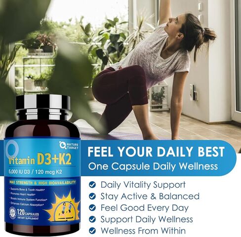 Nature Target Vitamin D3 K2 مع قوة الكالسيوم والمغنيسيوم-الحد الأقصى للعظام والقلب والمناعة-5000 IU فيتامين D3 ، 120 MCG K2 ، غير المعدلة وراثيًا ، خالية من الغلوتين ، 120 عددًا in Kuwait