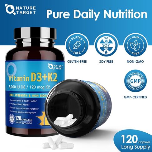 Nature Target Vitamin D3 K2 مع قوة الكالسيوم والمغنيسيوم-الحد الأقصى للعظام والقلب والمناعة-5000 IU فيتامين D3 ، 120 MCG K2 ، غير المعدلة وراثيًا ، خالية من الغلوتين ، 120 عددًا in Kuwait