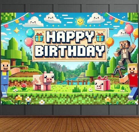 Pixel Backdrop Happy Birthday Banner Boy 6x4ft Miner Bday Sign Villager Gaming Birthday Party Decorations Videogame Themed Banner Video Game Decorations Video Game Backdrop for Boys in Saudi Arabia
