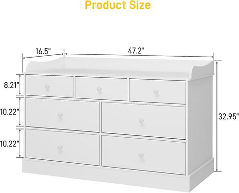 Vabches Kids Dresser Cabinet with 7 Drawers, Changing Table for Nursery, White Kids Chest of Drawers, Baby Dresser, Kids Bedroom Furniture, Nightstand for Child’s Room, White in Kuwait