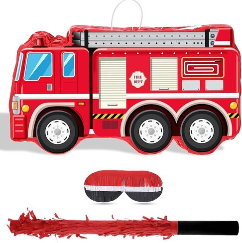 Fire Truck Pinata with Hanging Loop Blindfold Bat and Confetti Filler for Kids Boys Firefighter Firetruck Theme Birthday Party Decorations Supplies, 16.14 x 8.9 x 3.15 Inches in Kuwait