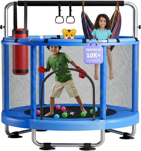 KickStart Toddler Trampoline for Kids Ages 3-8 - 5 ft Toddler Trampoline with Net, Basketball Hoop, Ocean Balls, Boxing Bag, Hammock - Indoor Trampoline for Kids, Toddler Trampoline Outdoor, Backyard in Saudi Arabia