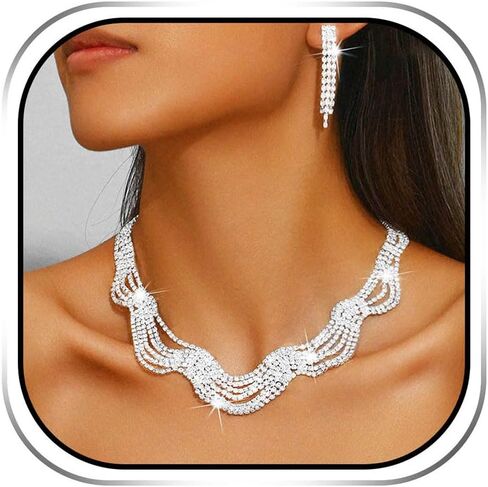 Sixexey Silver Bridal Wedding Jewelry Set Sparkly Rhinestone Necklace and Earrings Wedding Prom Earrings Jewelry for Women in Kuwait