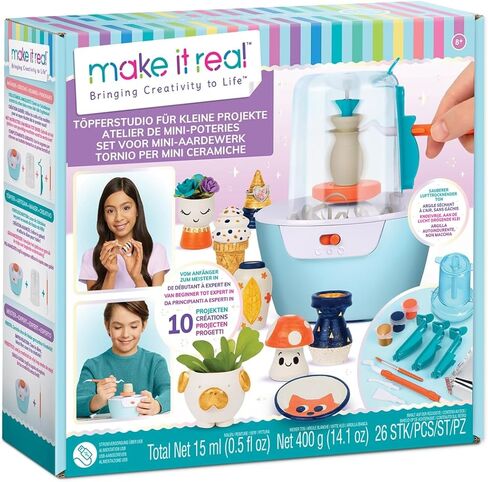Make It Real: Mini Pottery Studio - 26 pcs DIY Pottery Kit, Mess Free Air Dry Clay, 10 Projects, Tweens, Girls & Kids Ages 8+ in Kuwait