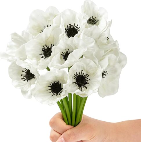 Artificial White Flower, 24 PCS Black and White Flowers, 11 Inch Silk Anemone Flower, Stems PU Real Touch Fake Flowers in White with Black Center for Wedding Memorial Day Centerpiece Home Kitchen in Kuwait