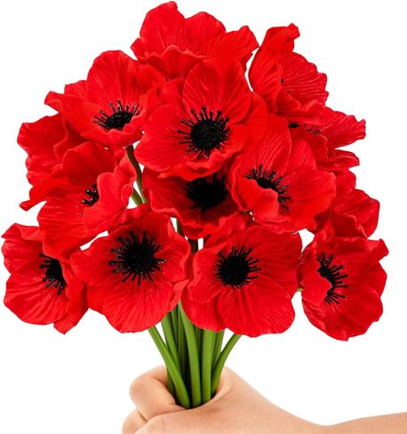 Artificial White Flower, 24 PCS Black and White Flowers, 11 Inch Silk Anemone Flower, Stems PU Real Touch Fake Flowers in White with Black Center for Wedding Memorial Day Centerpiece Home Kitchen in Kuwait