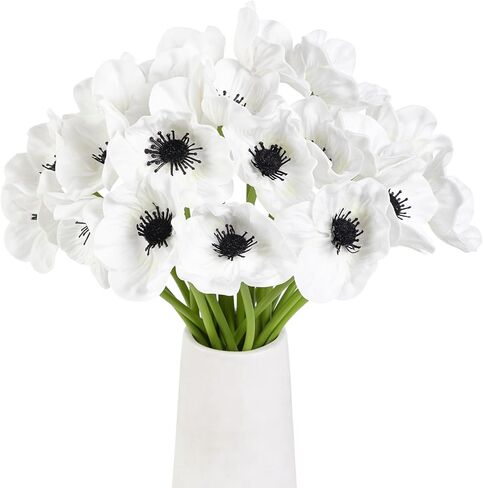 Artificial White Flower, 24 PCS Black and White Flowers, 11 Inch Silk Anemone Flower, Stems PU Real Touch Fake Flowers in White with Black Center for Wedding Memorial Day Centerpiece Home Kitchen in Kuwait