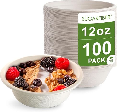 [100 عدد] أوعية ورقية مستديرة بيضاء خالية من PFAS سعة 12 أونصة - أوعية تفل قصب السكر قابلة للتحلل وصديقة للبيئة للاستخدام مرة واحدة وألياف نباتية طبيعية لإعداد الوجبات أو أواني الطعام in Kuwait