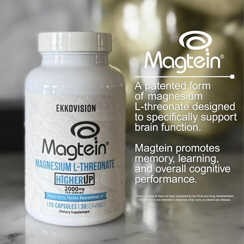 x Higher Up Magtein Magnesium L-Threonate, Memory & Cognitive Function Support, Magnesium Supplement with Essential Minerals for Men & Women, 2000 MG Per SVG, 120 Easy-to-Swallow Capsules in Kuwait