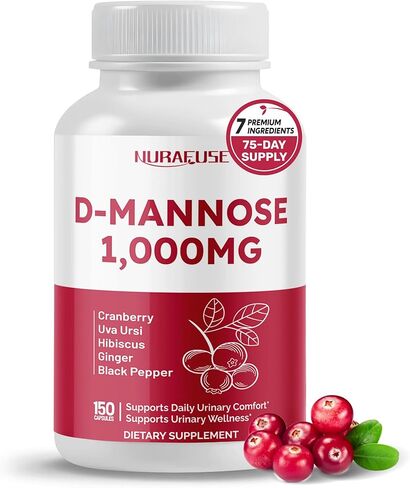 D-Mannose with Cranberry, Uva Ursi, Hibiscus, Ginger, Black Pepper - Supports Urinary Tract Health, Bladder Cleanse - Made and Tested in The USA in Kuwait