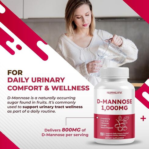 D-Mannose with Cranberry, Uva Ursi, Hibiscus, Ginger, Black Pepper - Supports Urinary Tract Health, Bladder Cleanse - Made and Tested in The USA in Kuwait