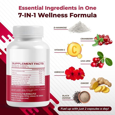 D-Mannose with Cranberry, Uva Ursi, Hibiscus, Ginger, Black Pepper - Supports Urinary Tract Health, Bladder Cleanse - Made and Tested in The USA in Kuwait