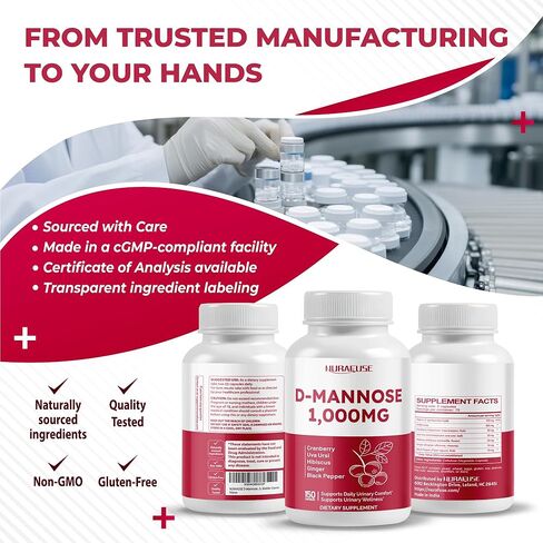 D-Mannose with Cranberry, Uva Ursi, Hibiscus, Ginger, Black Pepper - Supports Urinary Tract Health, Bladder Cleanse - Made and Tested in The USA in Kuwait