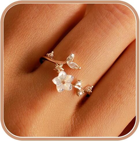 925 Sterling Silver Dainty Flower Ring for Women 14k Gold Plated Sparkling White Cubic Zirconia Leaf Ring for Mother Daughter Elegant Wedding Statement Jewelry Open Wrap Finger Band Graduation Gift in Kuwait