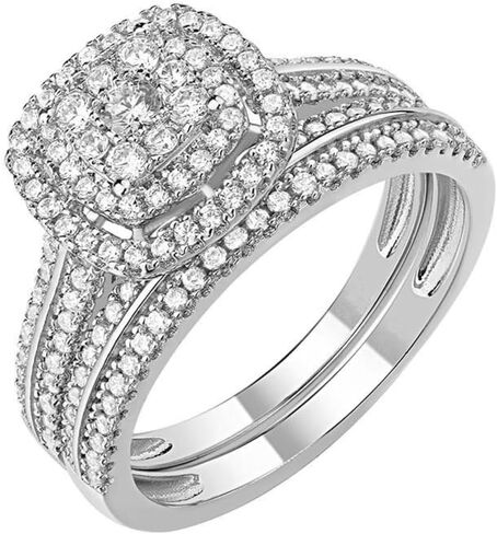 Silver Plated Two-in-One Halo Wedding Engagement Proposal Eternity Square Ring Set Round Cut Created White Topaz CZ Cubic Zirconia Pave Filled Women's Band for Bridal Mom Lover in Saudi Arabia