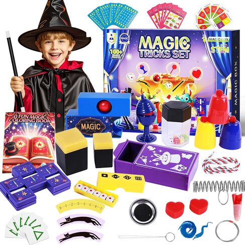 مجموعة الخدع السحرية، أكثر من 100 خدعة سحرية للأطفال بعمر 6 7 8 9 10 11 12، زي الساحر للعب التظاهري مع الدعائم السحرية والتعليمات للمبتدئين والأطفال، هدايا عيد الميلاد والهالوين للأطفال in Kuwait