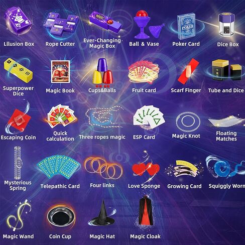 مجموعة الخدع السحرية، أكثر من 100 خدعة سحرية للأطفال بعمر 6 7 8 9 10 11 12، زي الساحر للعب التظاهري مع الدعائم السحرية والتعليمات للمبتدئين والأطفال، هدايا عيد الميلاد والهالوين للأطفال in Kuwait