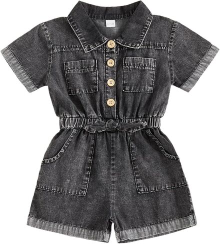 Toddler Girl Denim Overalls Shorts Lapel Collar Button Down Jean Jumpsuit Romper Summer One Piece Outfit in Saudi Arabia