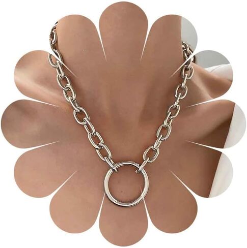 Gold Chunky Choker Necklace - Large Thick Circle Pendant Necklace With Open Hollow Circle Design and Paperclip Chain in Kuwait