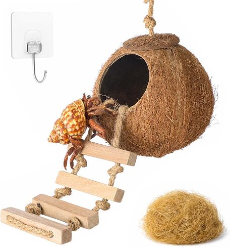 HERCOCCI Gecko Tank Accessories, Hermit Crab Toys Coconut Shell Natural Coconut Husk Hut with Climbing Ladder with Suction Cup for Leopard Gecko Snake Reptiles in Kuwait