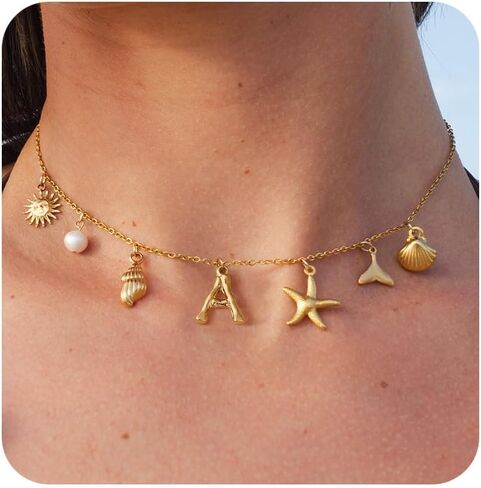 Initial Charm Necklace for Women Boho Summer Beach Starfish Surfer Shell A-Z Letter Choker14K Gold Plated Vacation Jewelry Gift in Kuwait