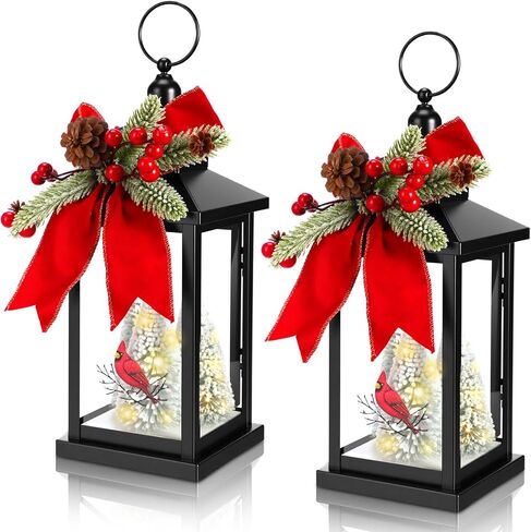 Tuanse 2 Pcs Christmas Decorative Lanterns Red Metal Hanging Candle Lantern Vintage Flameless Decorative Lanterns with LED Lights for Indoor Outdoor Home Table Porch in Kuwait
