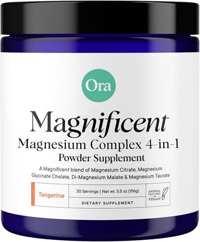 Ora Organic Magnesium Complex Powder Supplement - 4-in-1 Magnesium: Glycinate, Taurate, Malate & Citrate | Vegan, Gluten-Free | Tangerine Flavor | Calm Support for Sleep, Stress & Muscles | 30 Serving in Kuwait