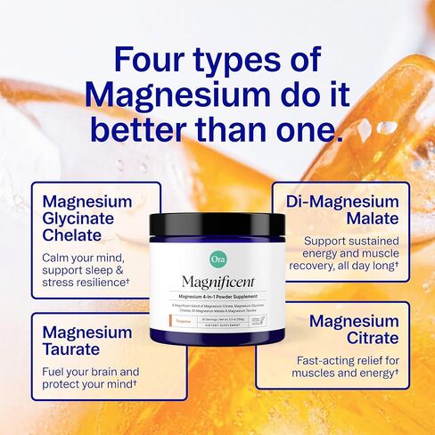Ora Organic Magnesium Complex Powder Supplement - 4-in-1 Magnesium: Glycinate, Taurate, Malate & Citrate | Vegan, Gluten-Free | Tangerine Flavor | Calm Support for Sleep, Stress & Muscles | 30 Serving in Kuwait