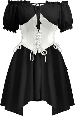 Womens Two Piece Sets Corset Dress Off Shoulder Ruffles Puff Sleeve Irregular Mini Fairy Bustier Dress in Kuwait