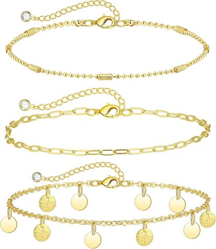 VIROMY Gold Ankle Bracelets for Women Waterproof, 14k Gold Plated Simple Chain Anklets Set for Women Beach Gift Adjustable Size 3pc in Kuwait