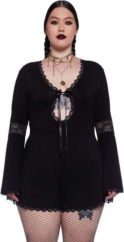 Dolls Kill Whispering Wind Romper by Widow – Stretchy Knit Romper with Lace Detailing and Bell Sleeves for Mystical Fashion in Saudi Arabia