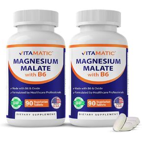 Vitamatic Magnesium Malate 2000mg per Serving - 90 Vegetarian Tablets - Added B6 for Maximum Absorption - Supports Muscle, Joint, and Heart Health* (2 Bottles, Unflavored) in Kuwait
