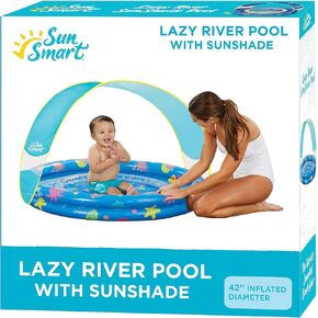مسبح SunSmart Lazy River Kiddie - حمام سباحة للأطفال قابل للنفخ مع لعبتي بط ومظلة شمسية قابلة للإزالة - أزرق داكن/أصفر in Kuwait