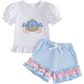 fhutpw Toddler Baby Girls Summer Clothes Smocked Short Sleeve T-Shirt Tops Ruffled Plaid Short Sets Cute Outfits 2Pcs in Saudi Arabia