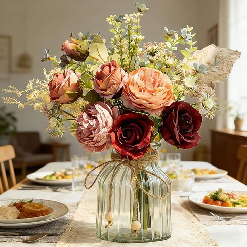 LESING Fake Artificial Flowers with Vase Faux Silk Flower Bouquet in Glass Vase Rose Floral Arrangements Flower for Home Office Decoration, Dining Table Centerpiece (Red) in Kuwait