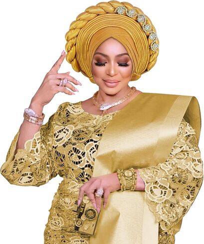 Nigerian headwear for Women African headscar,Auto Gele headband,hand wrap beaded - made for weddings parties events in Saudi Arabia